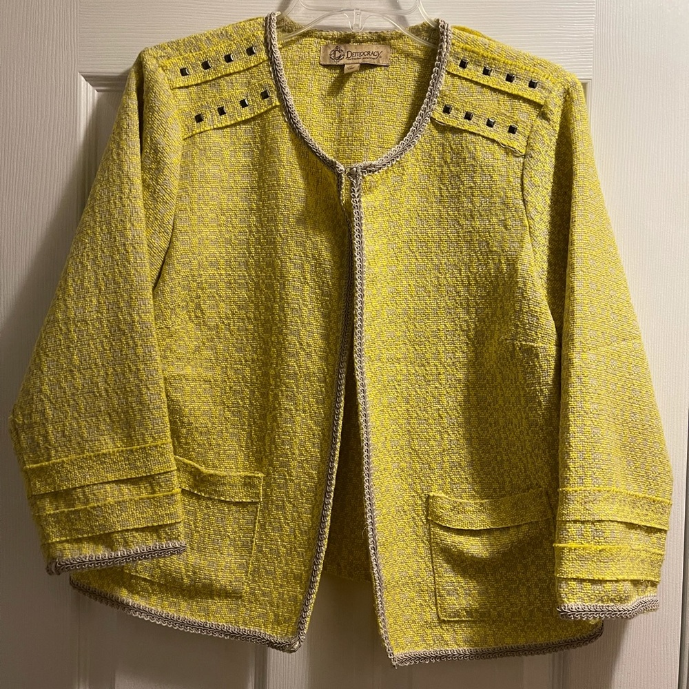 Democracy Women Blazer Jacket Top Size L Yellow with Grey Piping Trim 1-Button